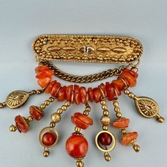 Vintage Bar Brooch Gold Tone Dangle Chains Carnelian Stone Beads Boho India