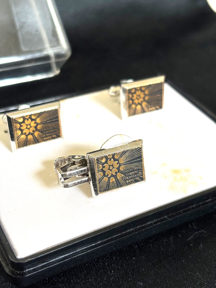 EXPO 70 Osaka Vintage Damascene Cufflinks Tie Pin Set Takeshi Otaka 24K