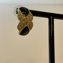 Roman Earrings X Criss Cross Rhinestones Black Enamel Gold Tone Pierced Vintage