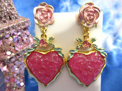 Gripoix STYLE Heart Earrings Pierced Gold Tone Rose Pink Flower Resin Statement