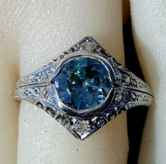 NATURAL EARTH MINED Blue Zircon DIAMOND PLATINUM ORIGINAL DECO Engagement Ring 8
