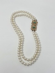 Sarah Coventry Double Strand “High Society” Faux Pearl Necklace Gold Green Clasp
