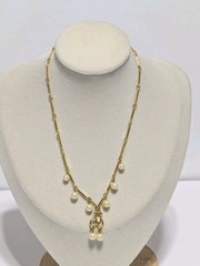 Gold Tone Bar Link & Faux White Pearl Pendant Necklace Vintage 14″