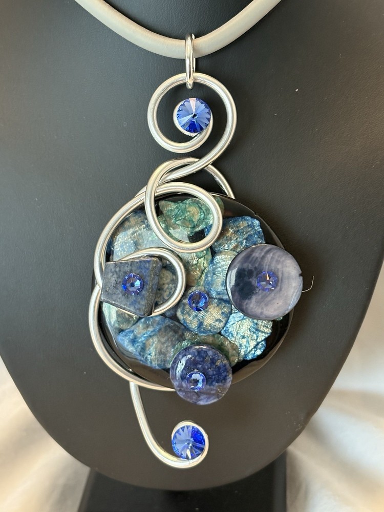 Jeff Lieb Modernist Crystal, Lapis, & More Statement Necklace Wearable Art