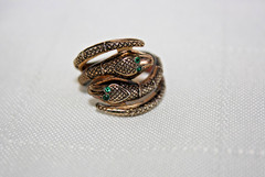 Vintage Signed STERLING ESPO Gold Tone Rhinestone Eye Double Snake Ring Sz 5.5