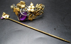 Gorgeous Genuine Amethyst & Pearl Grape Cluster Cuff Bracelet Stick Pin Set