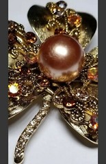 Golden Brown Crystal Faux Pearl Leaf Brooch