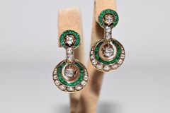 Vintage Circa 1970s 18k Gold Natural Rose Cut Diamond And Emerald Drop Earring