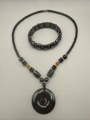 Vintage Hematite Necklace Stretch Bracelet Set Whimsigoth Barrel Clasp 17.5”
