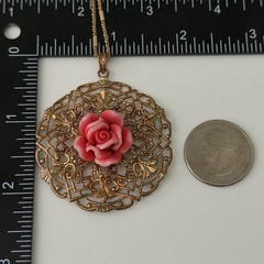 Vintage 925 Italy Sterling Silver Gold Vermeil Pink Rose Filigree Necklace