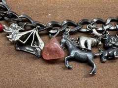 Vintage Sterling Silver Dogs, Horse, Good Luck, Crystal Toggle Charm Bracelet