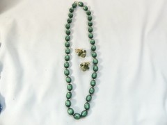 Vintage 1950/60’s Green Beaded Necklace & Clip on Earrings, Made in Japan