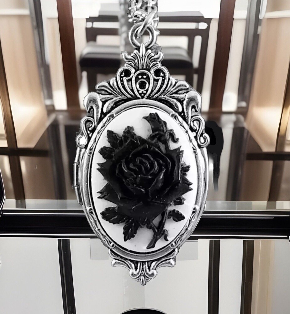 Victorian Black Rose Cameo HIDDEN Locket Necklace, Vintage Pillbox Stash Pendant