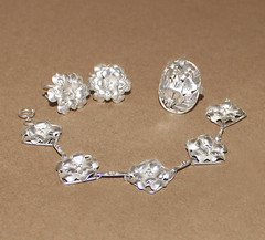 Vtg Sterling Silver Art Nouveau Floral Set Earrings clip-Bracelet 6.5″- Ring 5.5