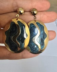 Vintage 80’s NOS Gold Tone Green Forest Enamel Inlay Drop Pierced Earrings New