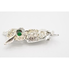 Vintage Crystal Owl Brooch Pin Rhinestone Green Eyes Silver Tone Sparkling Bin1