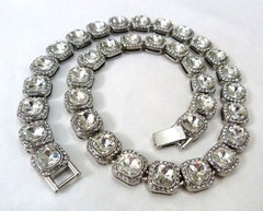 HALO PAVE SET SPARKLING LARGE FACETED CRYSTAL LINKS RHODIUM PLATE NECKLACE