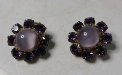 Vintage Signed Austria Purple Cabochon Rhinestone 3/4 Inch Clip Earrings