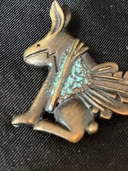 Vintage Southwestern Rabbit Brooch Stylized Winged Jackrabbit Turquoise Inlay