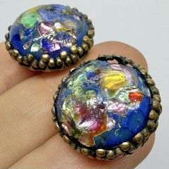 Vtg Old Confetti Glass Blue Foil Cabochon Brass Huggie Chunky Earrings Clip-on