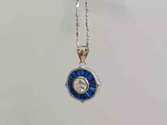 Art Deco Style Lab Created Diamond Sapphire Engagement 14K White Gold FN Pendant