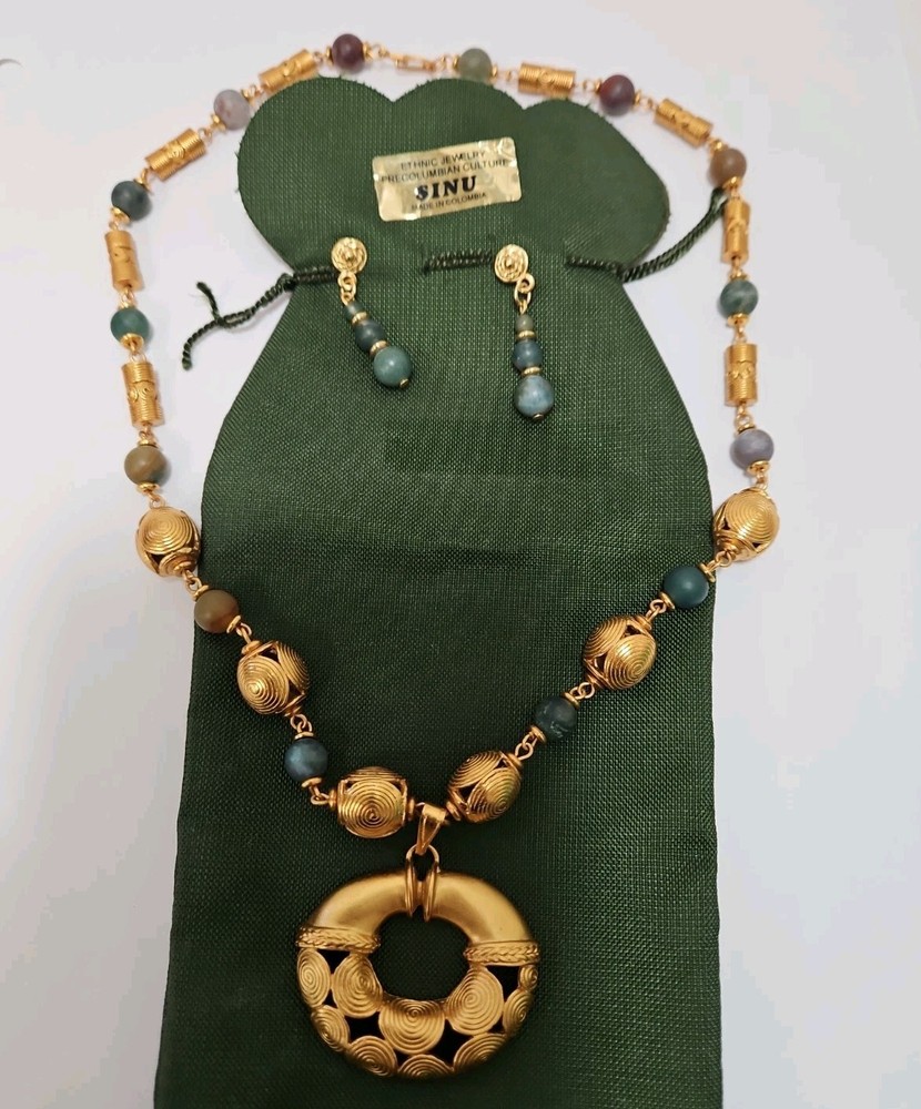 Gold Plated 24k PreColumbian Inca Pendant Necklace & Drop Earrings Set Faux Jade