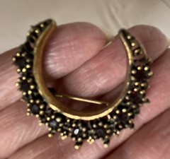 Crescent Moon Brooch Gold Tone With Red Garnets Vintage Pin