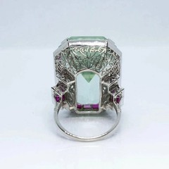 Vintage Art Deco Style 7CT Aquamarine & Ruby Halo Wedding Ring 14K White Gold FN