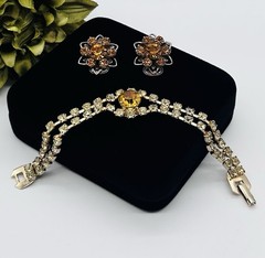 Vtg -1950s-ORANGE AMBER-Rhinestone-BRACELET and Floral EARRINGS SET-Gold Tone