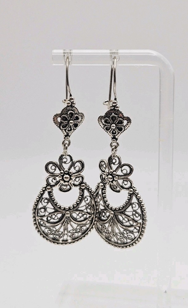 DGS Turkey Sterling Silver Filigree Floral Dangle Earrings 2.60″