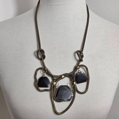 Brass-Tone Statement Necklace Thick Mesh Chain Geometric Rein Black Pendants