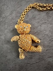 Articulated Bear Necklace And Brooch Set Goldtone With Rhinestones