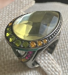 HSN Designer Signed M & CN Multi Gemstone Yellow Teardrop Faceted Cocktail Ring