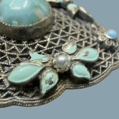Antique Czech Glass Filigree Enamel Turquoise Blue Fur Dress Clip Brooch NEIGER?