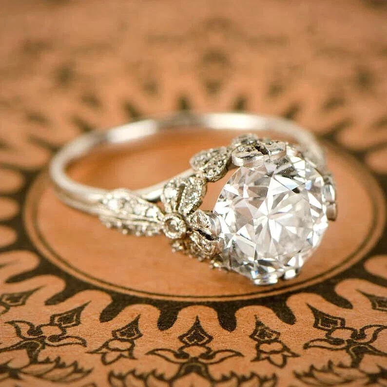 3Ct Round Lab Created Diamond Vintage Style Wedding Engagement 14K Gold FN Rings