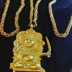 Hindu Goddess Pendant Necklace Long 44′ Vintage Brass Chain Mark India Sarna