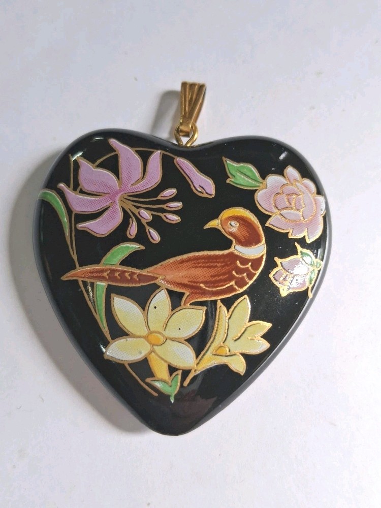 Vintage Black Cloisonné Enamel Heart Pendant Bird/ Floral DOUBLE SIDED