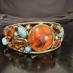 Vintage Amber Lucite Cabochon Cuff Bracelet Turquoise Glass Boho Statement 8in