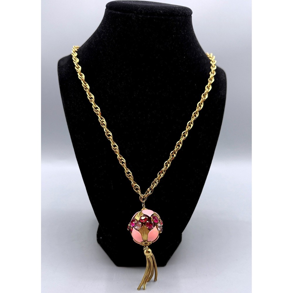 Vintage Gold Tone Orb Pendant Necklace Pink Enamel Rhinestone Tassel 28 Inch