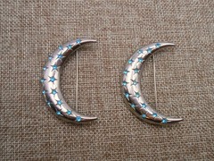 Pair of Vintage Blue Rhinestone Crescent Moon Brooches Pins Silver-tone P121