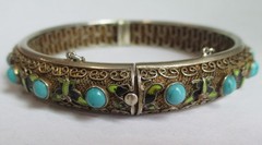 VINTAGE CHINESE STERLING SILVER ENAMEL TURQUOISE HINGED BANGLE BRACLET EXPORT