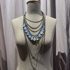 VTG Y2K Opaline Moonstone Faceted Glass Multi Strand Statement Necklace Unworn!
