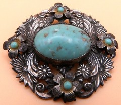 Czech Silver Faux Turquoise Blue Glass Round Brooch-Czech Republic