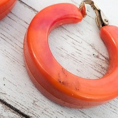 Vintage Clip On Earrings Large & Chunky Orange Hoops Stamped Hong Kong