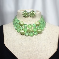 Vintage 50s Green Bauble Necklace Earrings Jewelry Set Frosted Opaque W Germany
