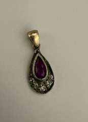 Antique Old Mine Rose Cut Diamond 14K Gold and Silver pendant Ruby Center Stone