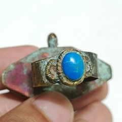 Egyptian Brass Ring Blue Turquoise Cabochon Handmade Vintage Style Jewelry