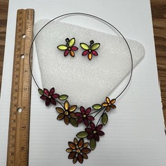 Vtg Set Black Shaped Wire Burgundy Olive Lemon Orange Stone Neck Choker Earring