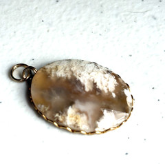 Vintage Natural Moss Agate Oval Pendant, Gold Plated, Scalloped Edge