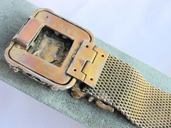Antiqu Victorian Brass Mesh Faux Emerald Faux Carnelian Bracelet Intricate Clasp